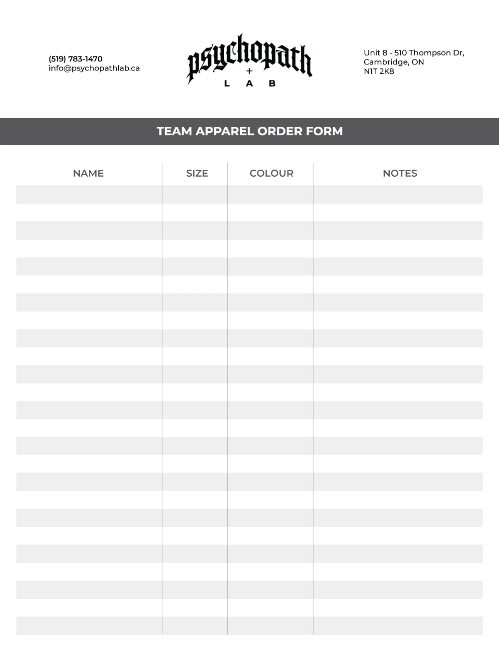 Psychopath Lab - Premium Custom Clothing - Team Apparel Order Form